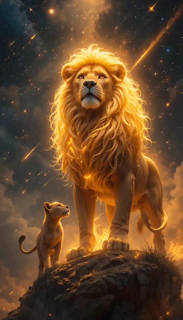 Majestic lion and cub under a meteor filled night sky