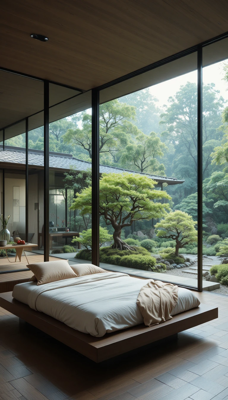 Japandi bedroom with glass wall to tranquil garden view