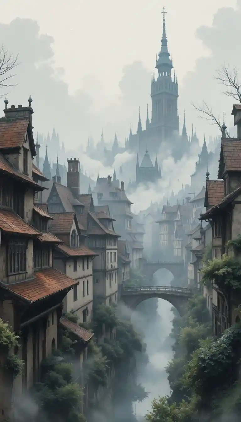 Foggy gothic old city watercolor digital cityscape artwork