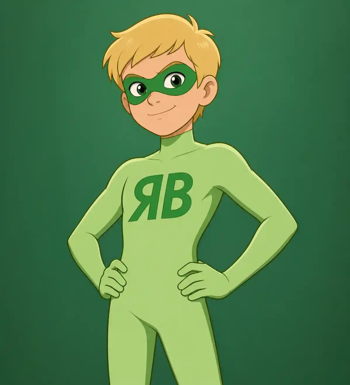 Garçon blond en caoutchouc super-héros en morphsuit vert clair