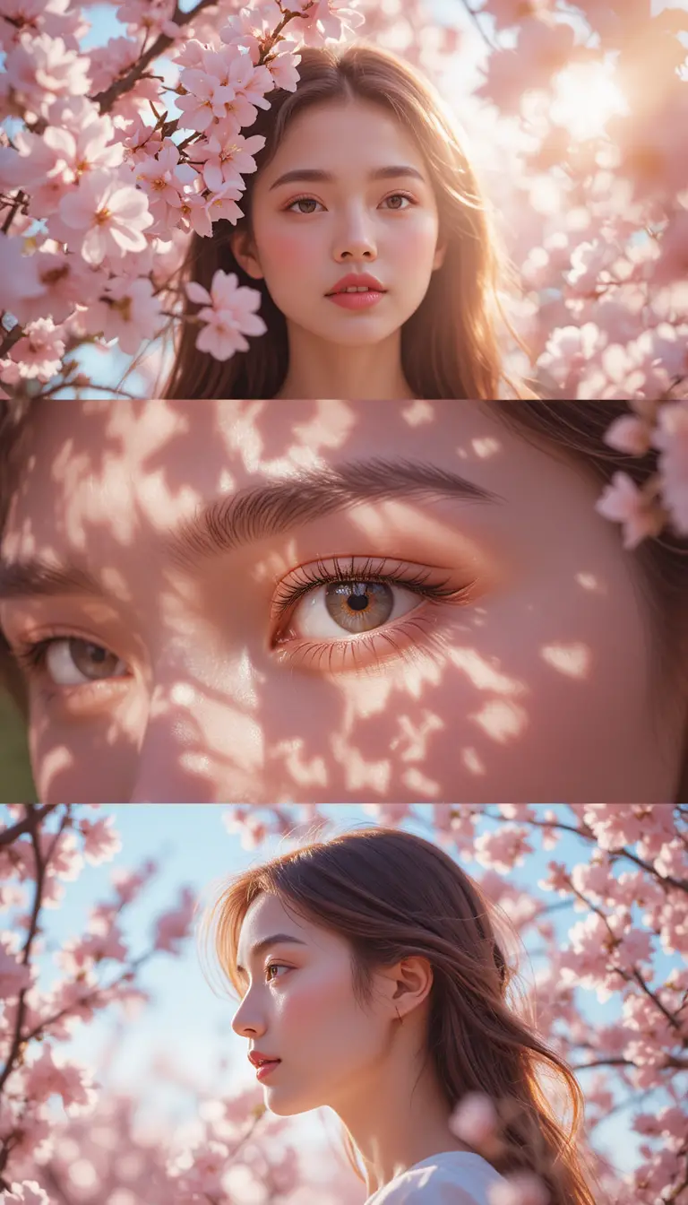 Girl among blooming sakura in dreamy spring triptych portrait