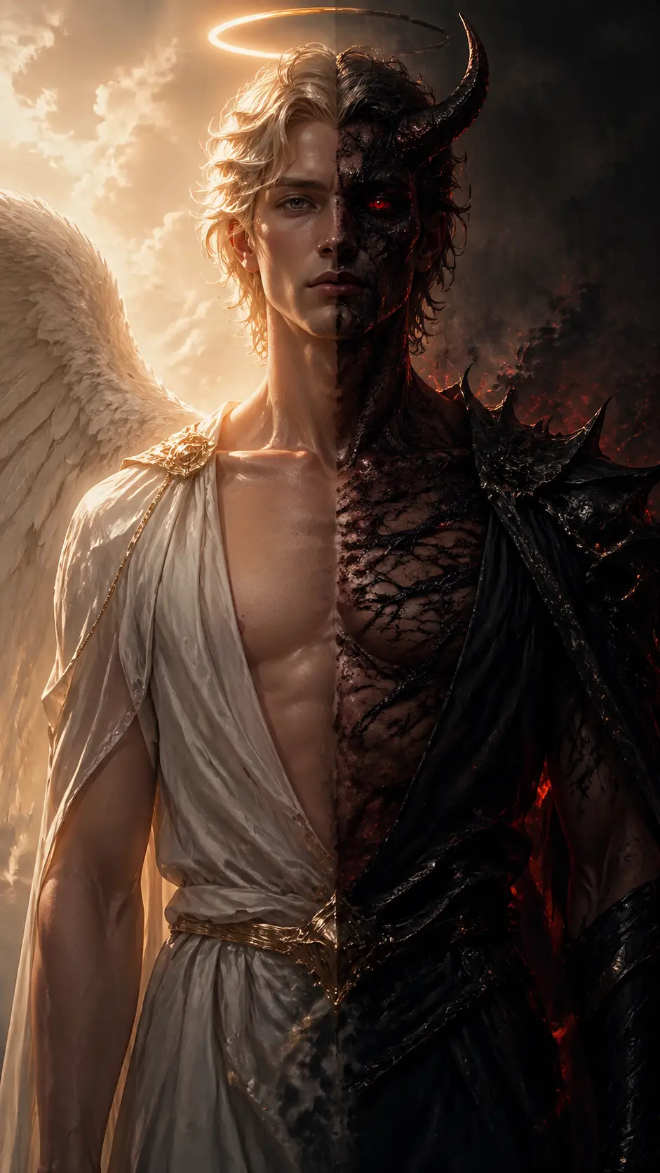 Figura dividida entre anjo e demônio em retrato de fantasia dramático