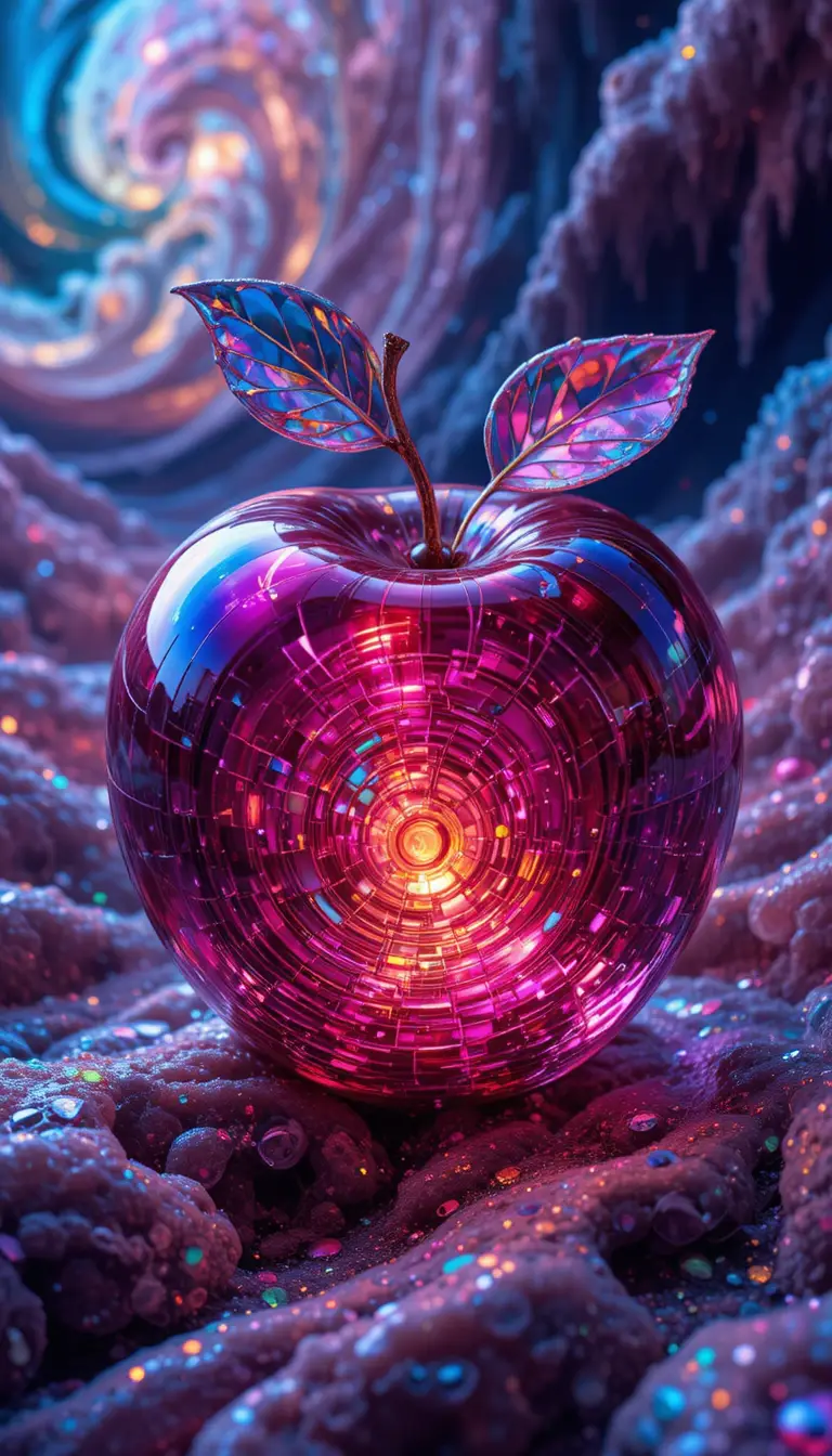 Mele di vetro frattale che brillano di luce neon blu e magenta