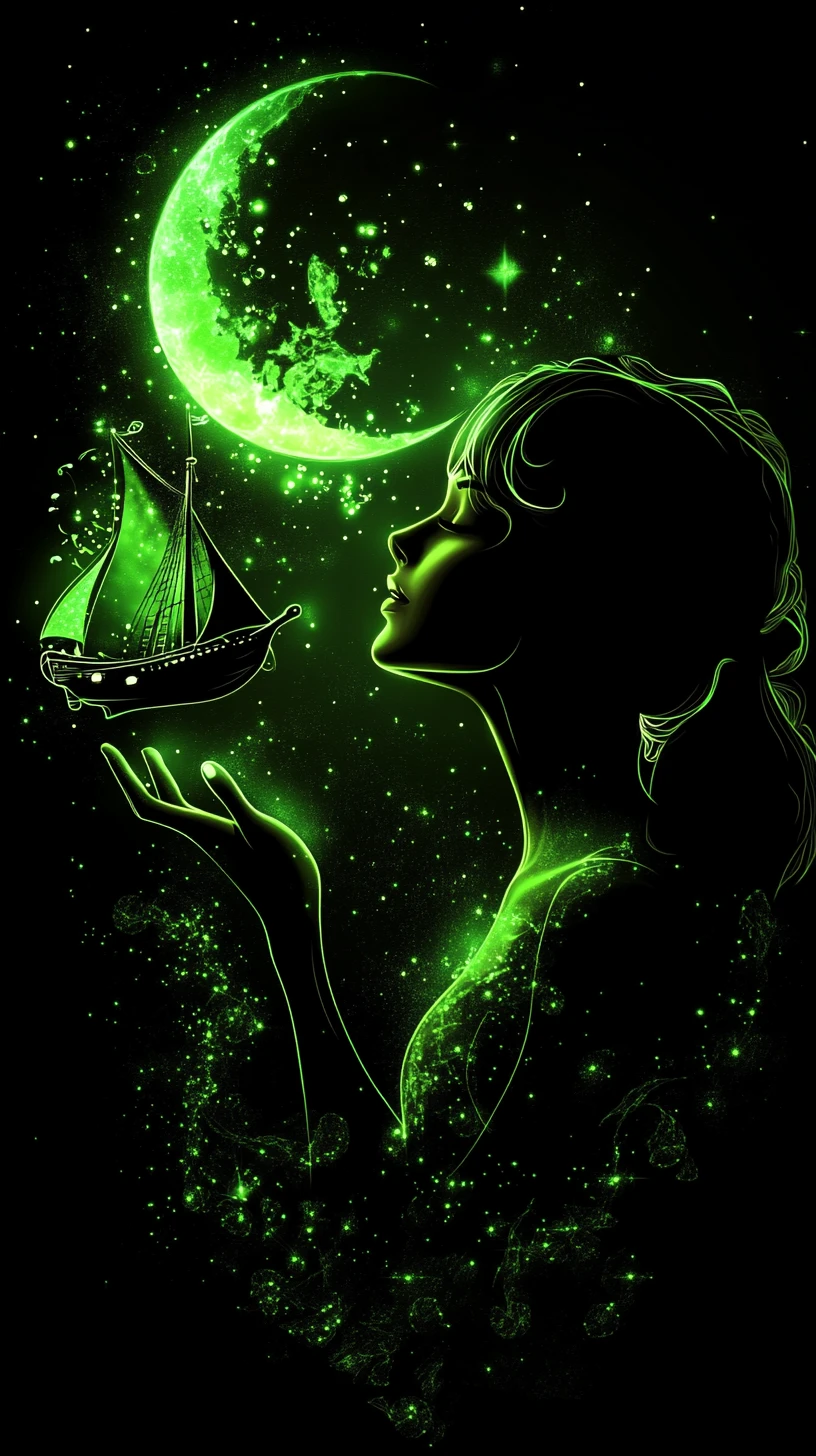 Glowing Silhouette Girl With Tiny Sailing Ship Of Light