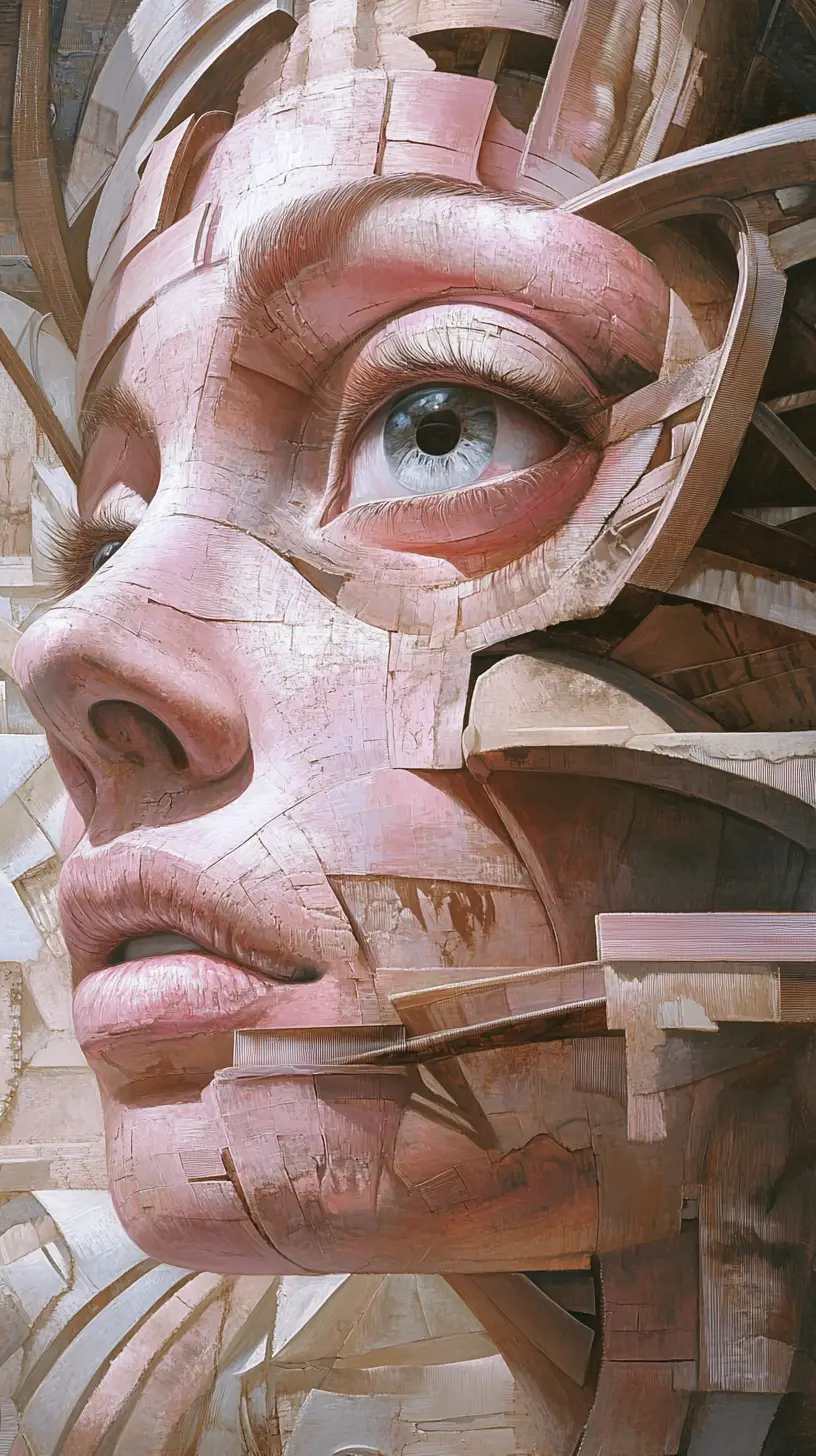 Dipinto surreale mixed media con grandi occhi ipnotici