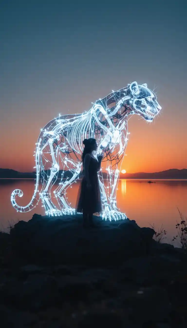 Giant panther silhouette with glowing skeletal paws at sunrise