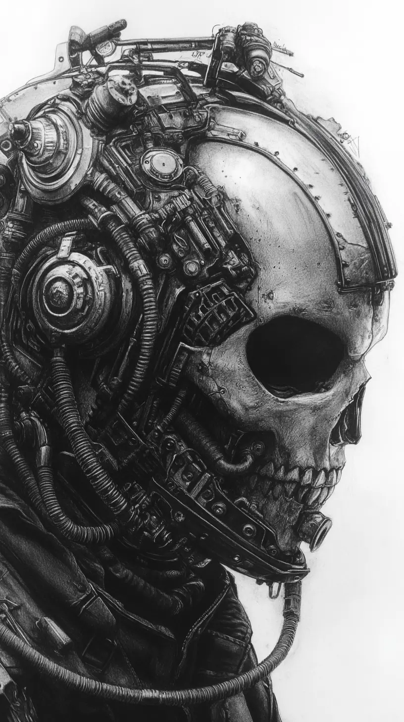 Futuristic armored warrior in a skull visor helmet