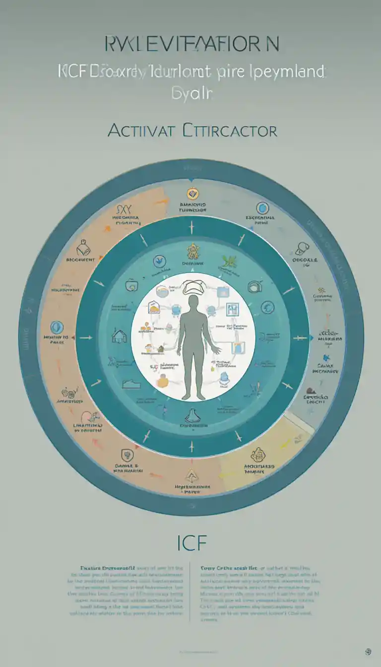 ICF rehabilitation infographic with human figure and concentric circles