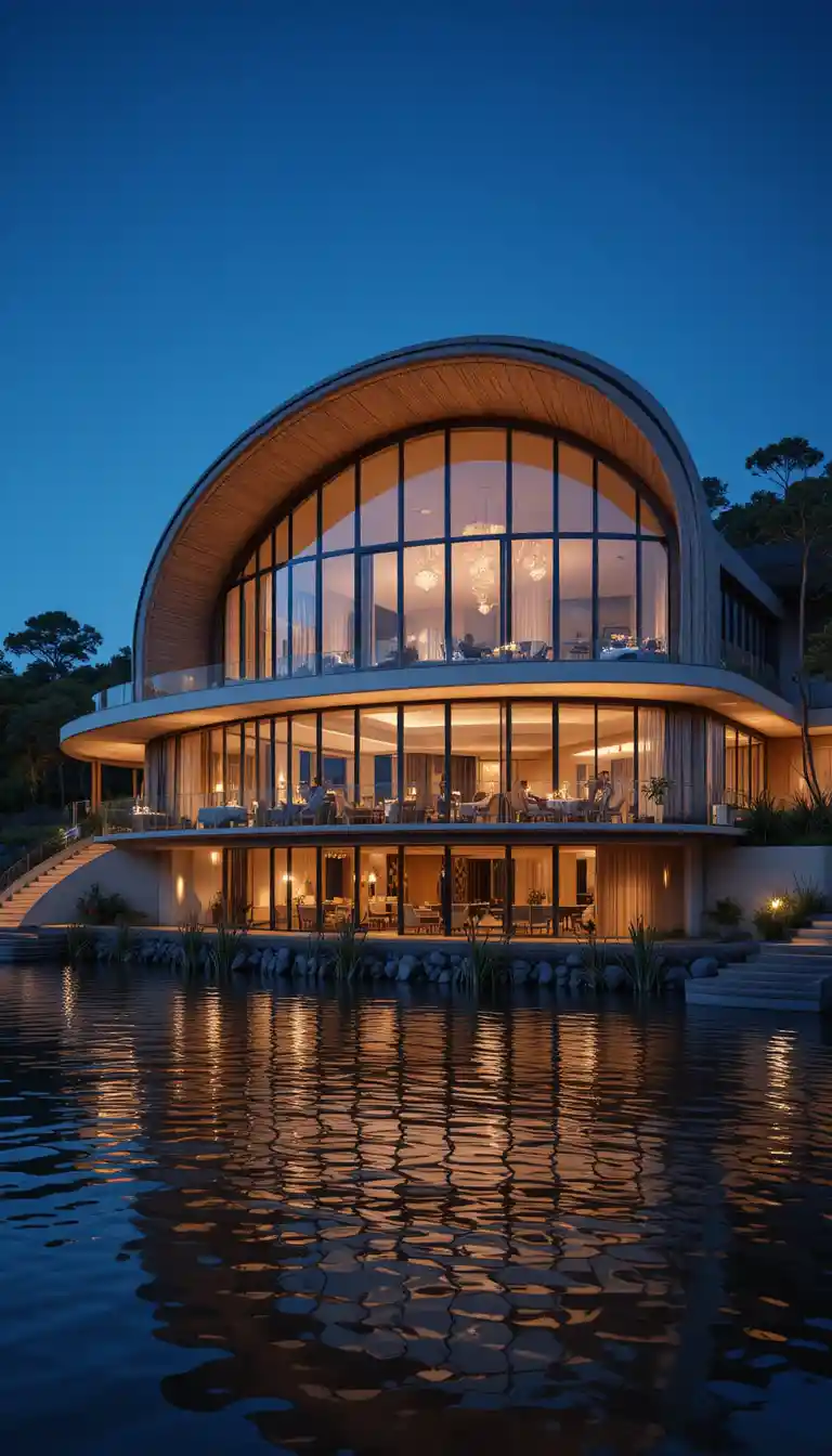Modern lakeside restaurant with glowing terrace over calm water