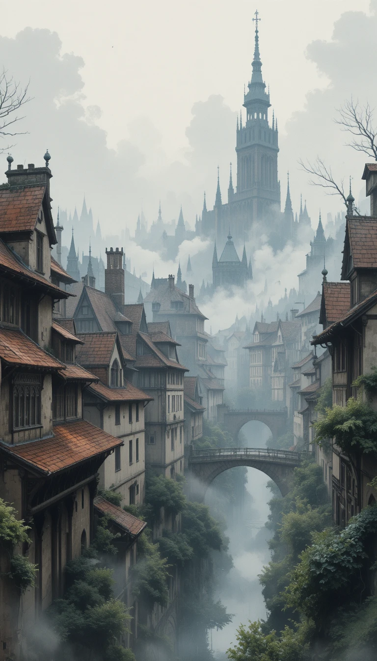 Foggy gothic old city watercolor digital cityscape artwork