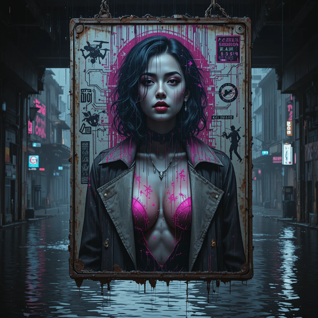 Dystopian neon portrait of a cyber noir woman on transit sign