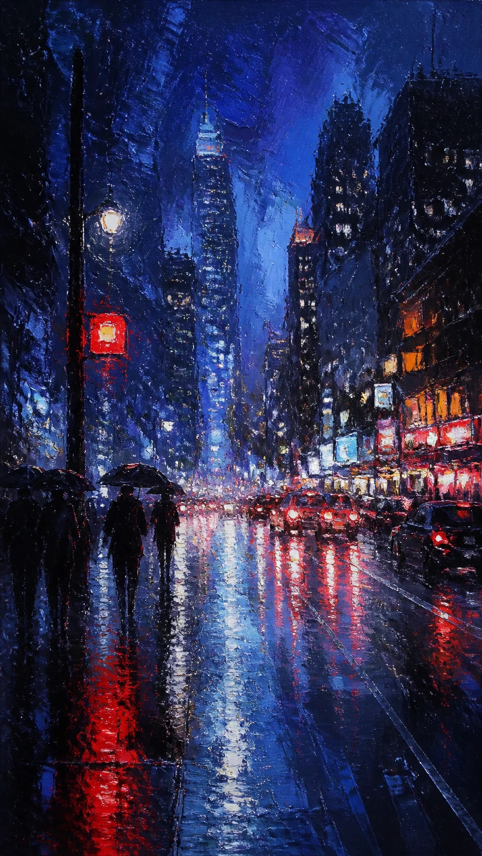 Rainy city street at night with glowing neon reflections