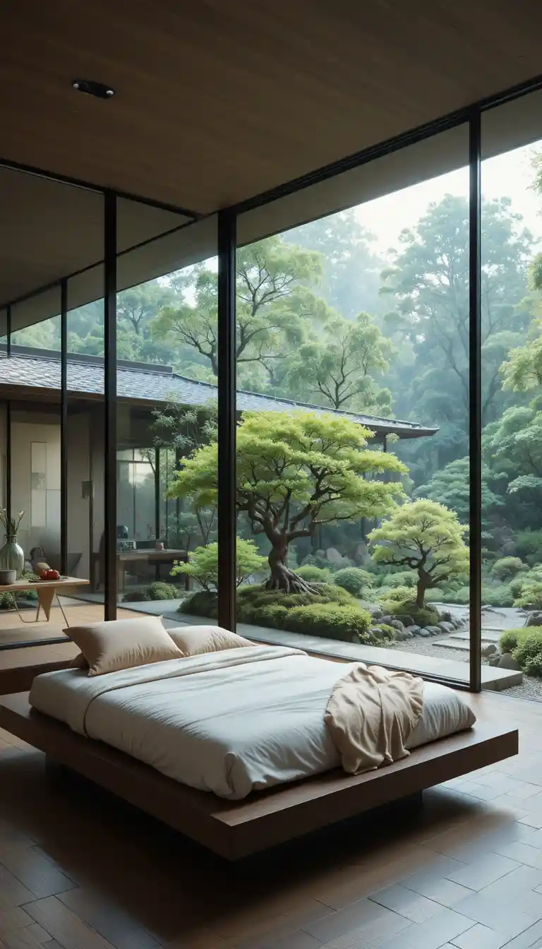Japandi bedroom with glass wall to tranquil garden view