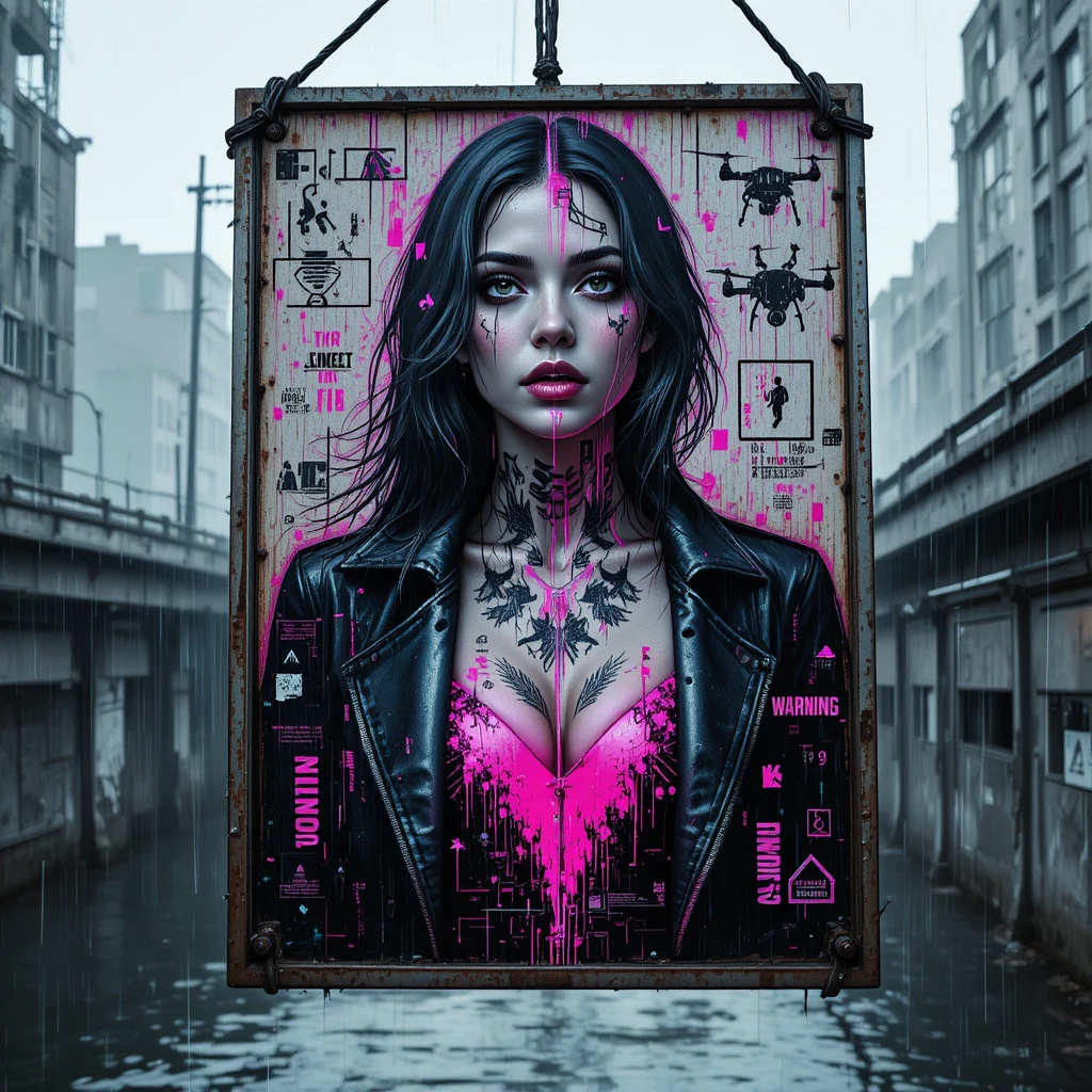 Cyber noir woman on corroded transit sign in rain