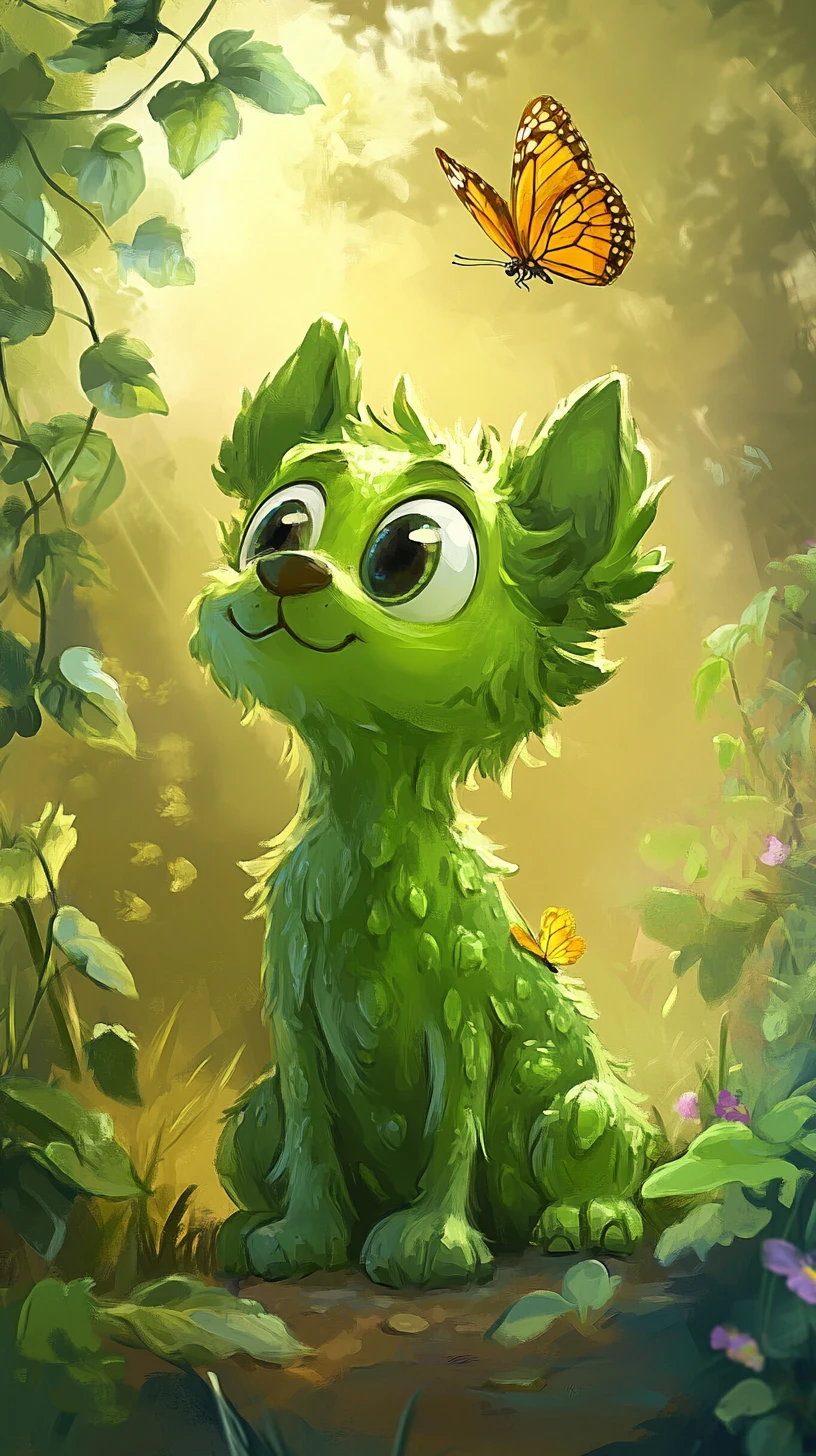 Green cucumber dog watching a yellow butterfly in garden