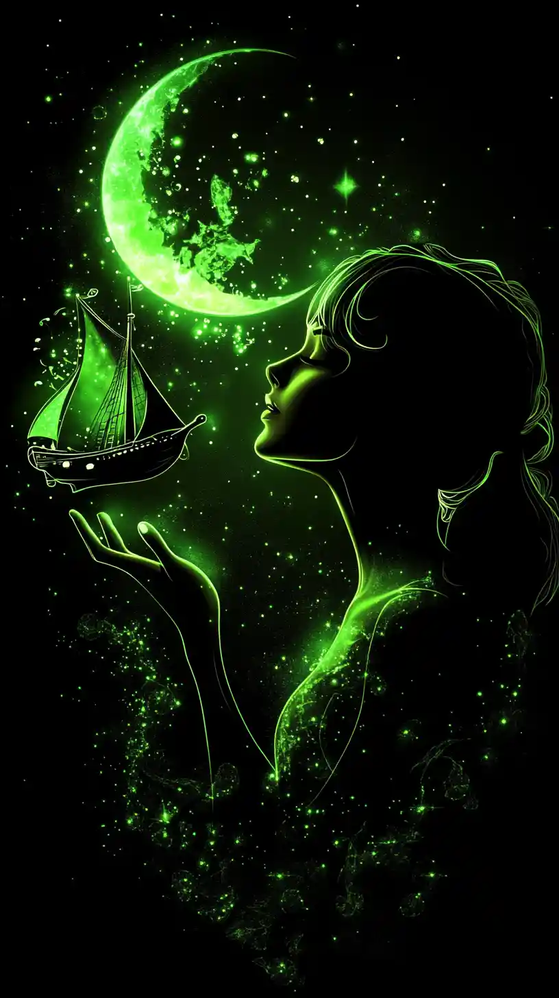 Glowing Silhouette Girl With Tiny Sailing Ship Of Light