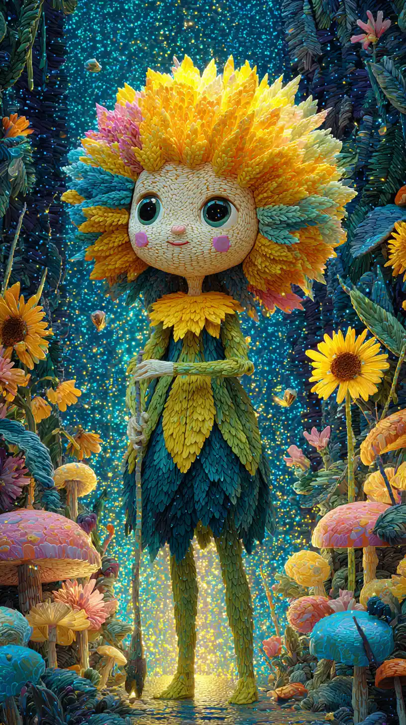 Joyful forest spirit on a glowing magical woodland path