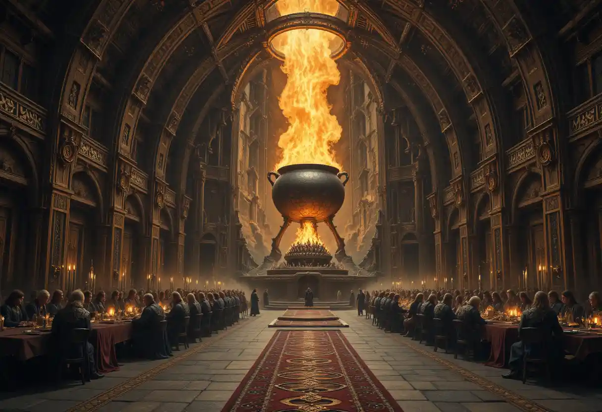 Epic Norse hall with warriors feasting by a blazing cauldron