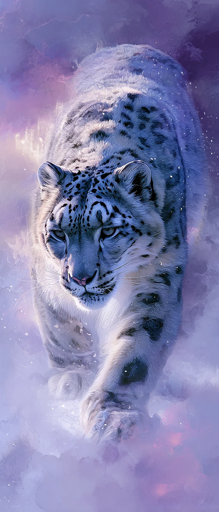 Leopardo de las nieves en un paisaje de fantasía con aurora mística