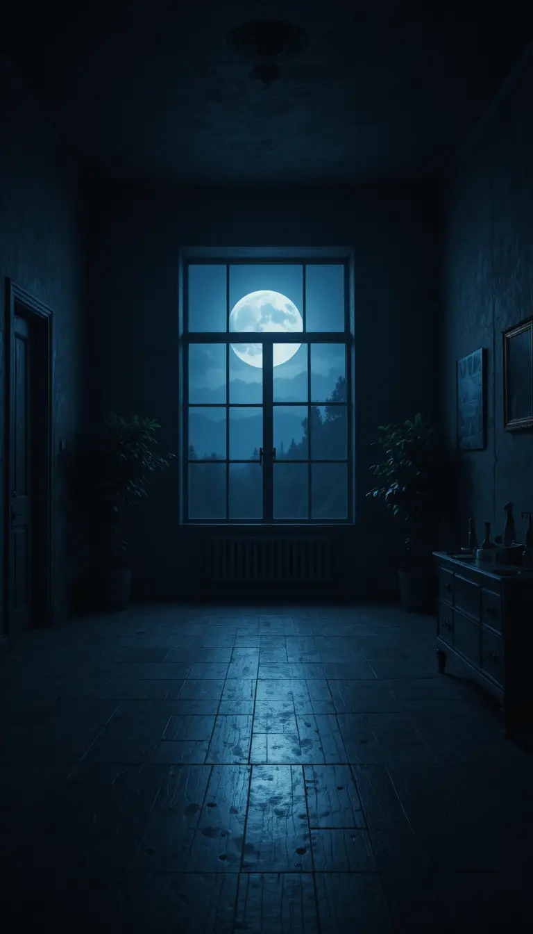 Moonlit bedroom with large window and soft glowing shadows