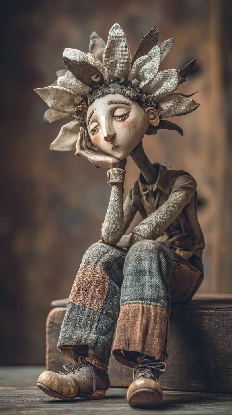 Melancholic flower headed figure in vintage storybook style