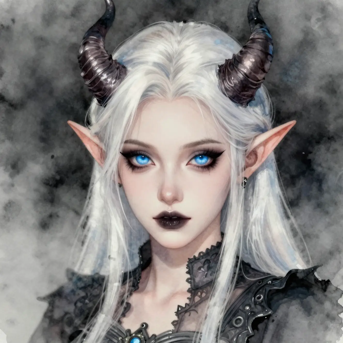 Gothic tiefling woman portrait with luminous blue eyes