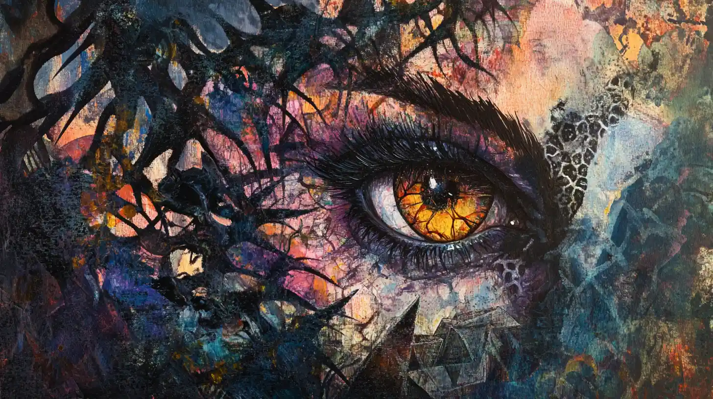 Surreal dragonfly eyed portrait on thorny mystical canvas