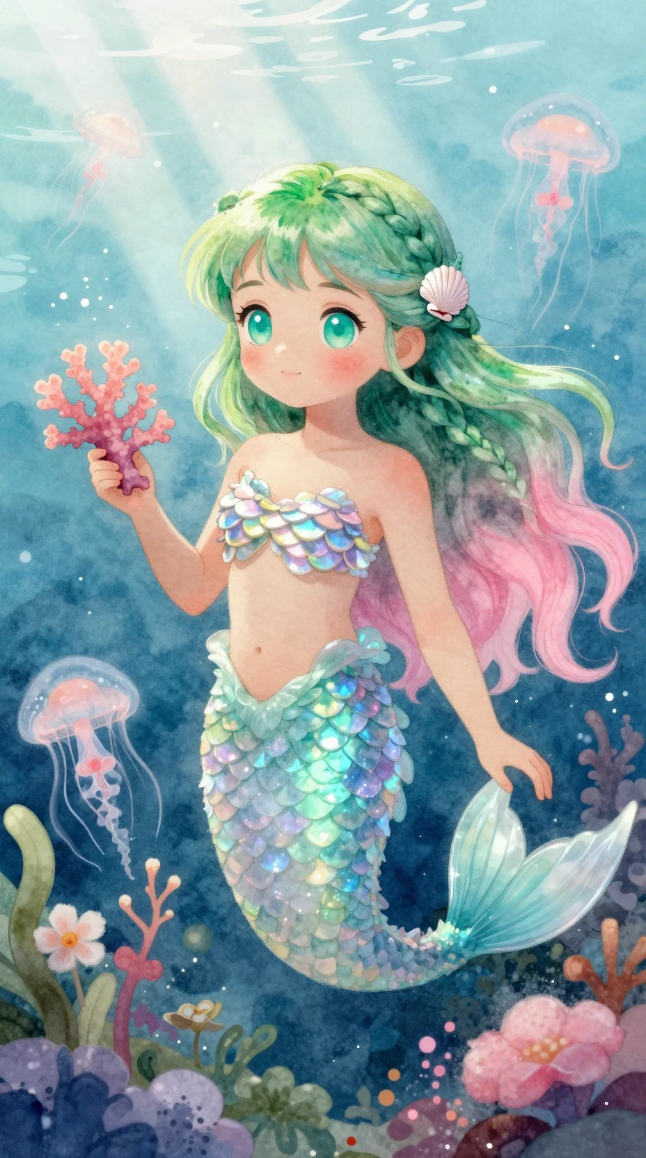 Young mermaid in sunlight holding a blooming coral