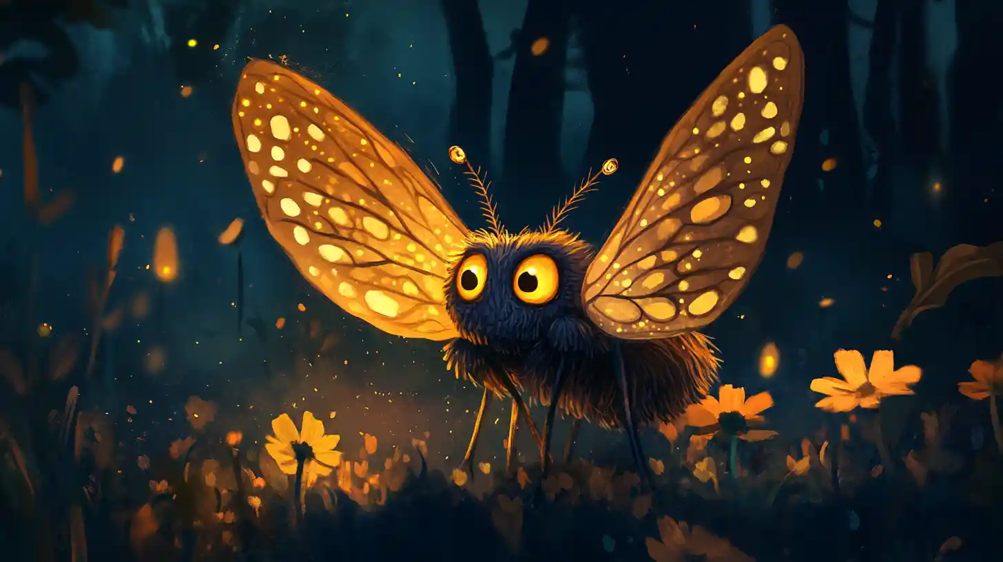 Cute fantasy moth with velvet wings among night flowers