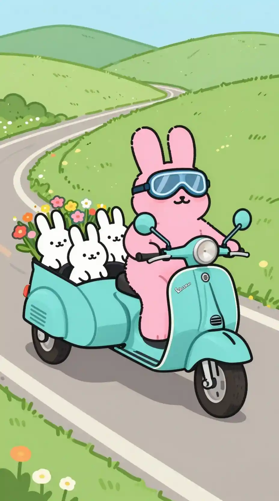 Coniglio rosa che guida uno scooter turchese con sidecar