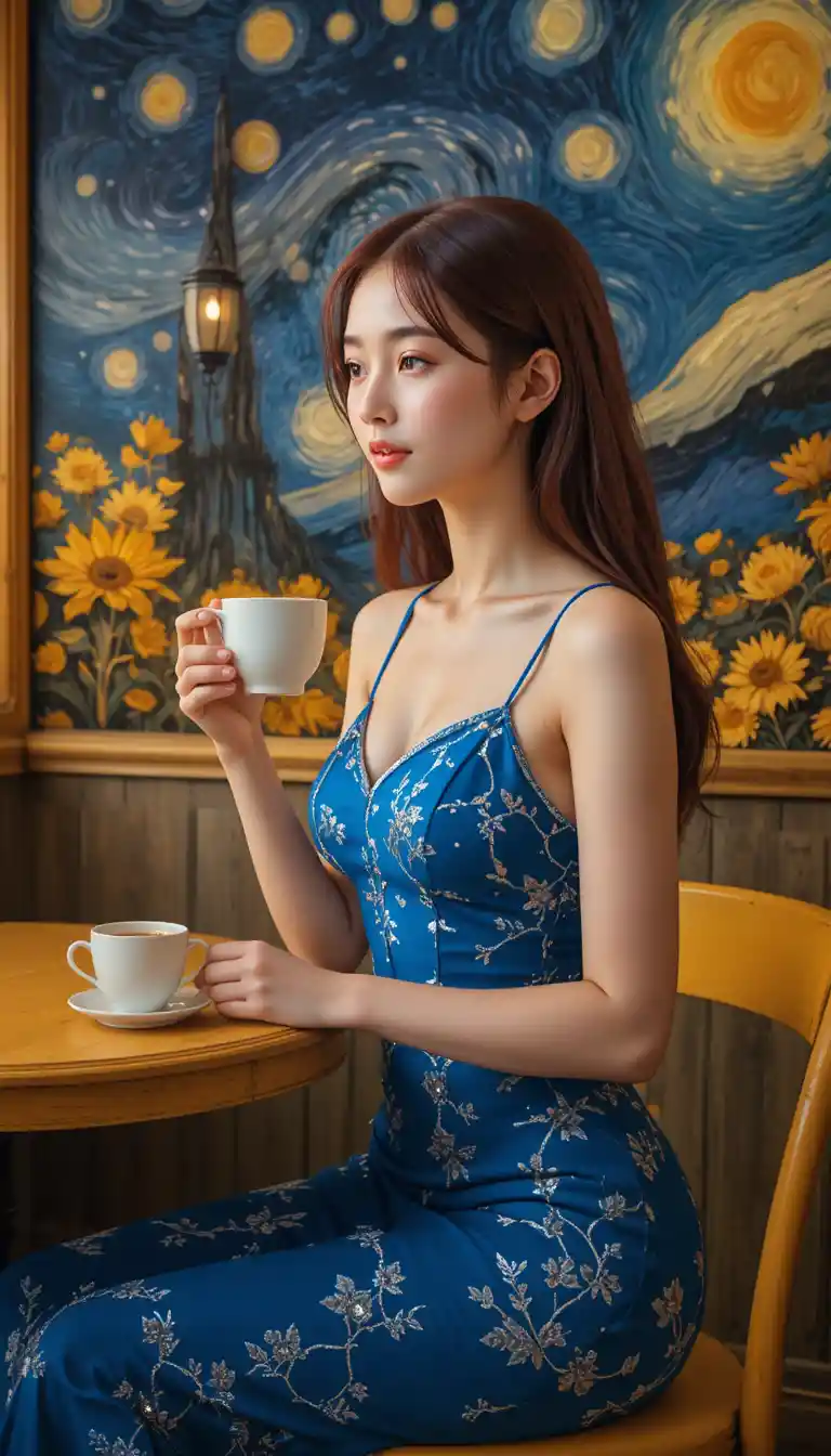 Korean freshman in blue dress at a dreamy Parisian cafe