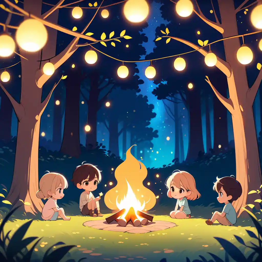 Children gathered around a glowing campfire under a magical tree