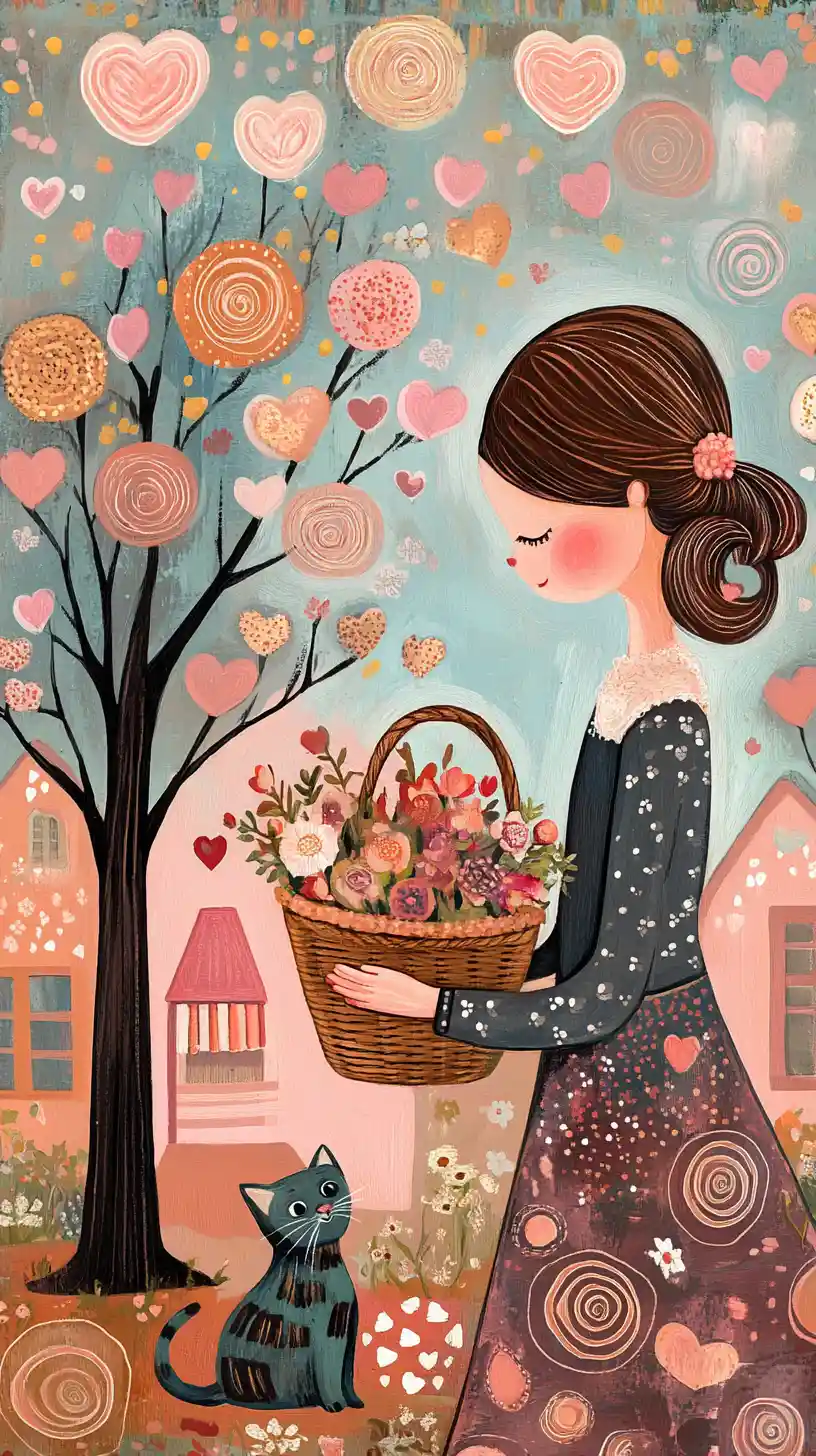 Woman With Flowers And Cat In Whimsical Folk Art Scene
