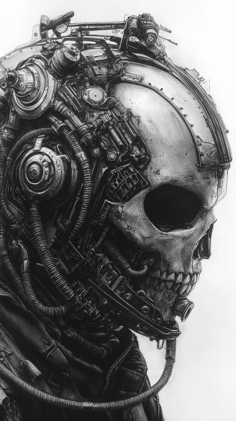 Futuristic armored warrior in a skull visor helmet