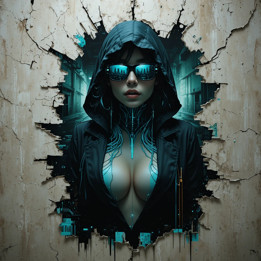 Glitch-Porträt einer Cyberpunk-Frau an einer Bunkerwand
