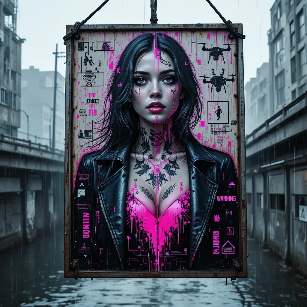 Donna cyber noir su cartello stradale corroso sotto la pioggia