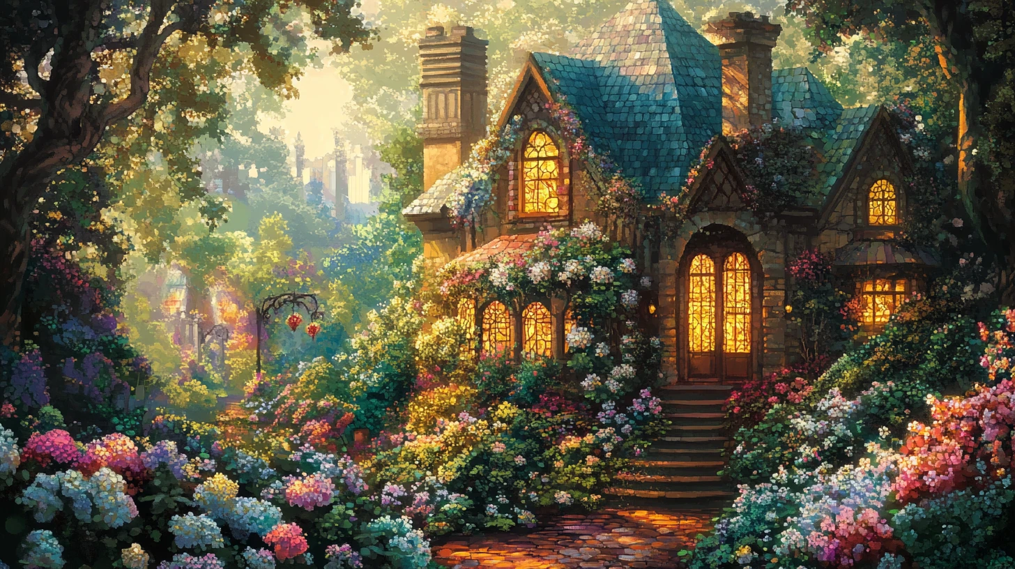 Whimsical floral village with lush gardens and stained glass