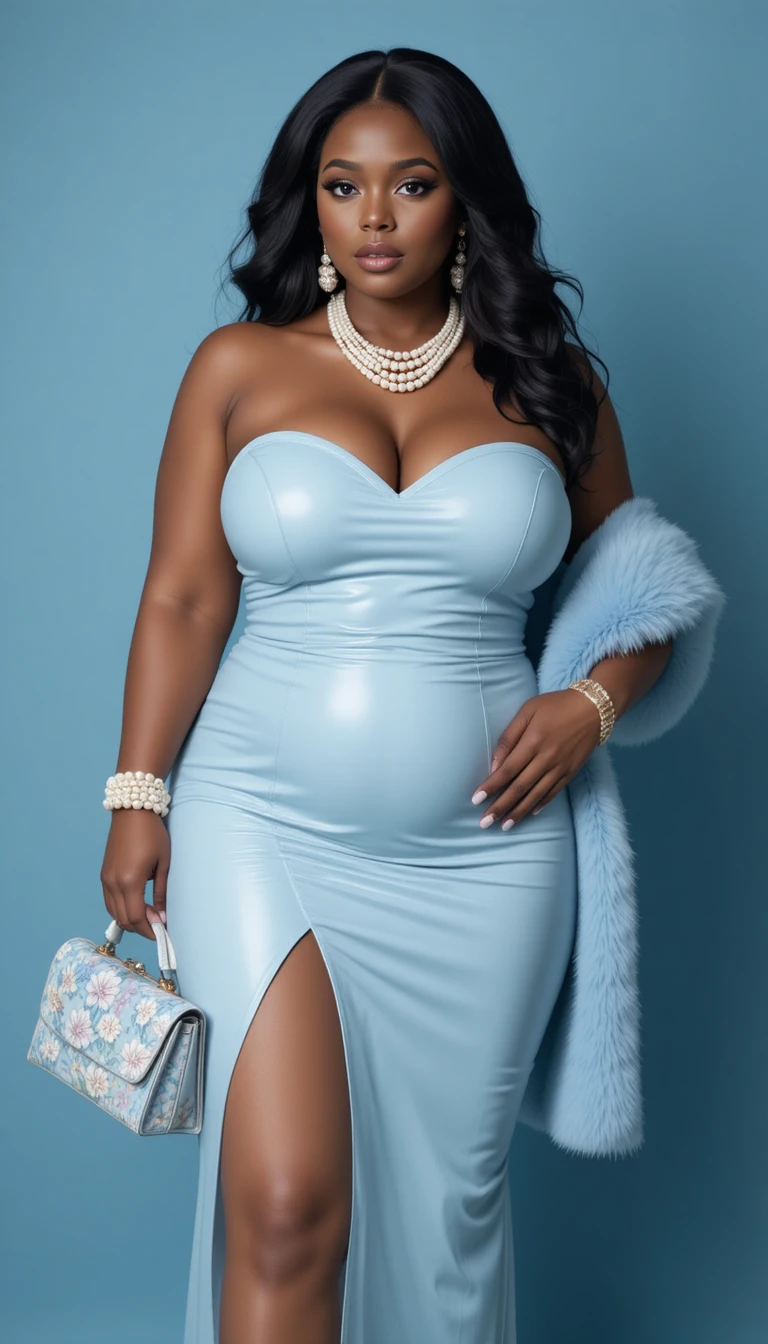 Elegante mulher negra em vestido azul com joias de pérolas
