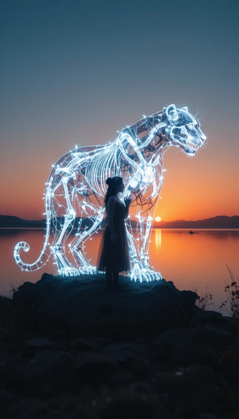 Giant panther silhouette with glowing skeletal paws at sunrise