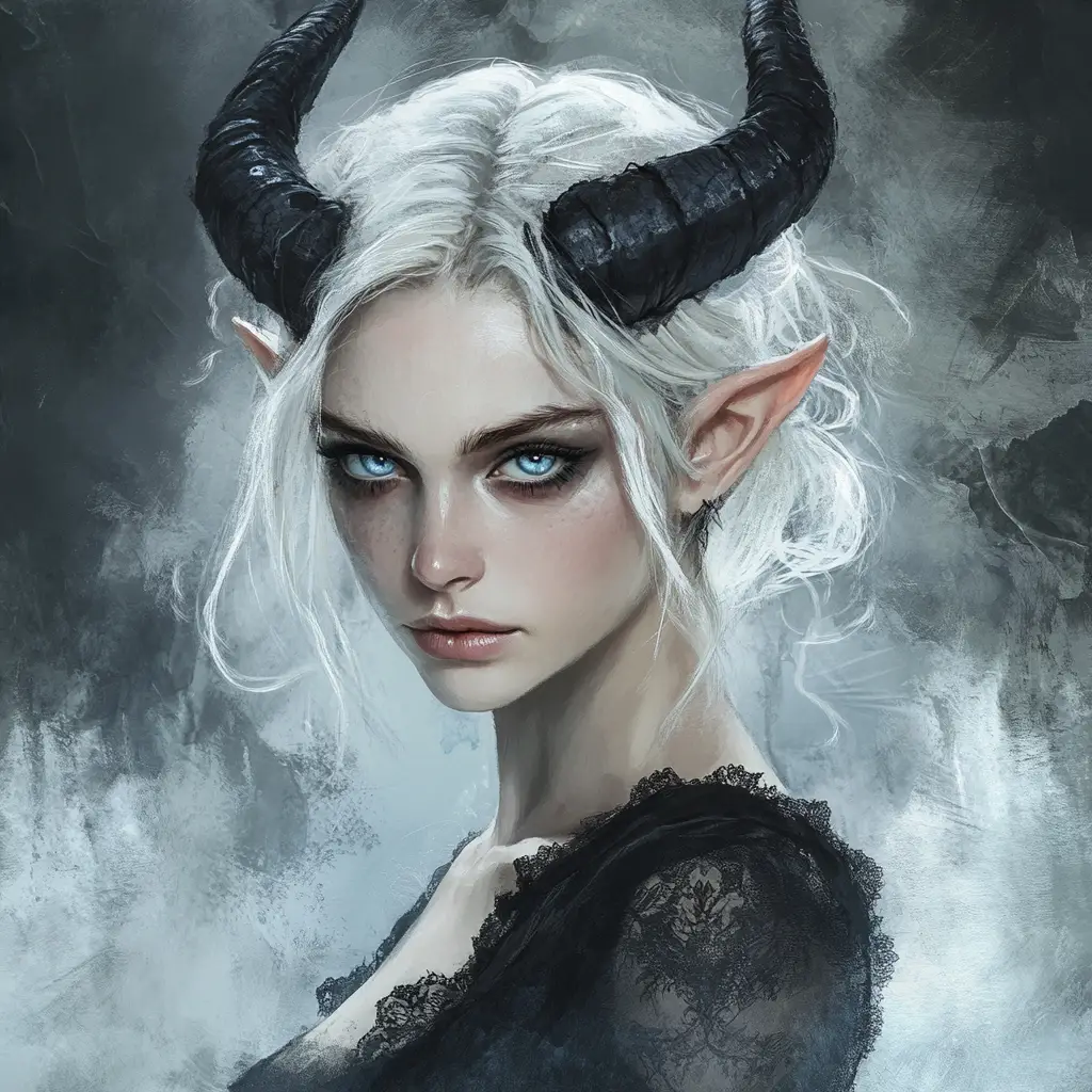 Gothic tiefling woman close up with luminous blue eyes