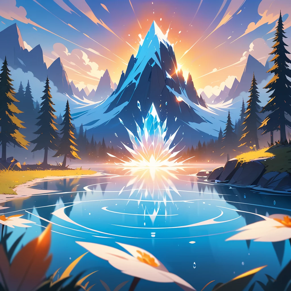 Two glowing swans crash onto a sunlit crystal lake