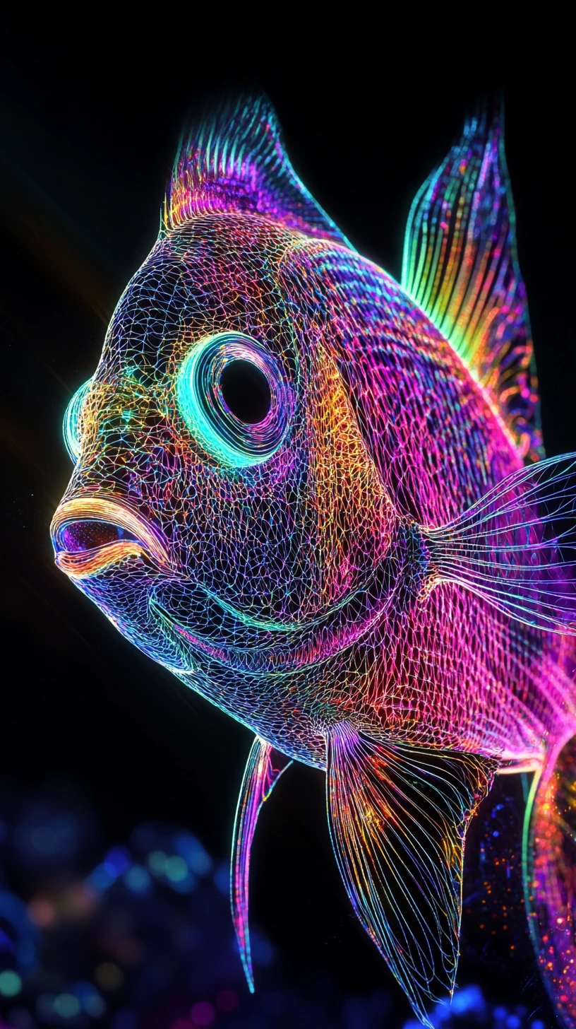 Neon Angelfish Double Exposure On Dark Abstract Background
