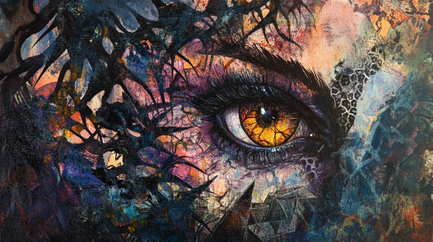 Surreal dragonfly eyed portrait on thorny mystical canvas