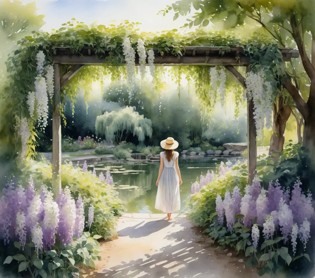 Woman in straw hat gazing over a summer garden pond