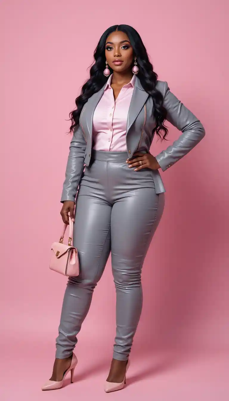 Confident black woman in pink and gray tailored outfit