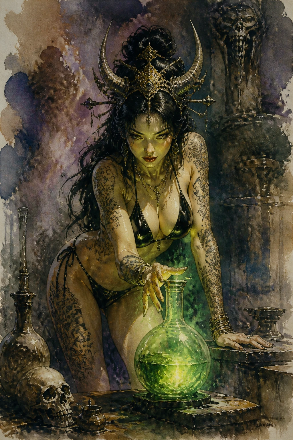 East Asian sorceress with glowing green potion in dungeon