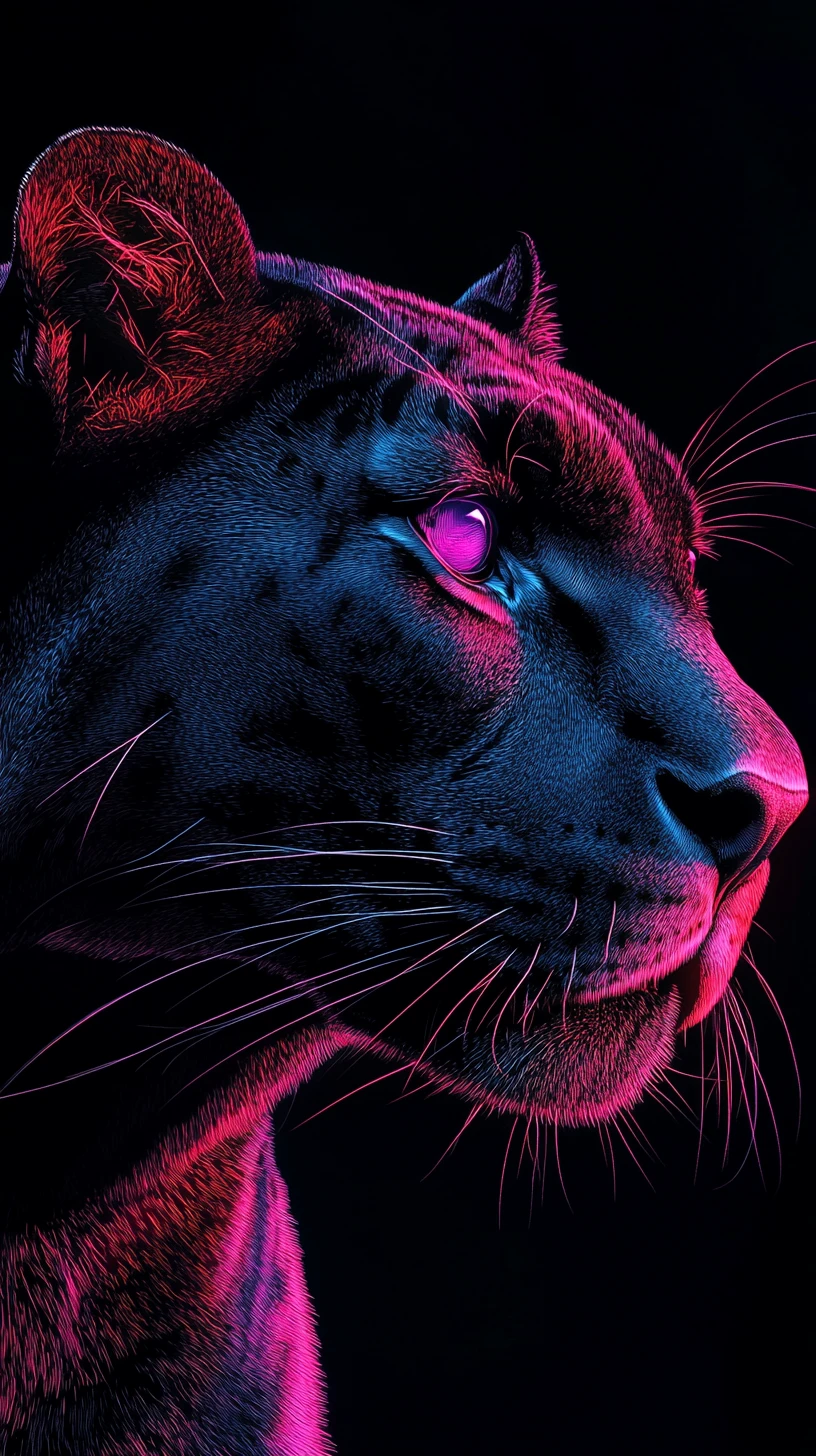 Dramatic Panther Portrait In Neon Double Exposure Style