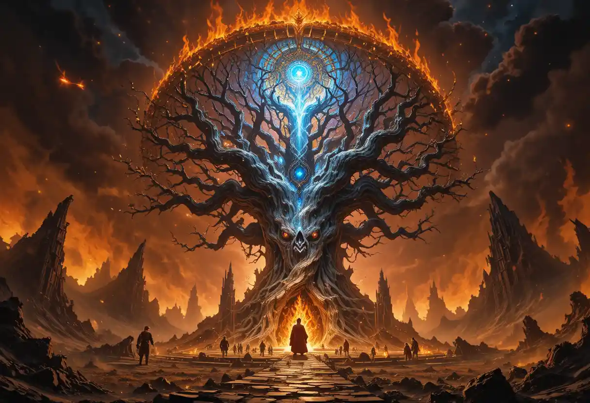Mythical god speaking in flames revealing a cosmic realm