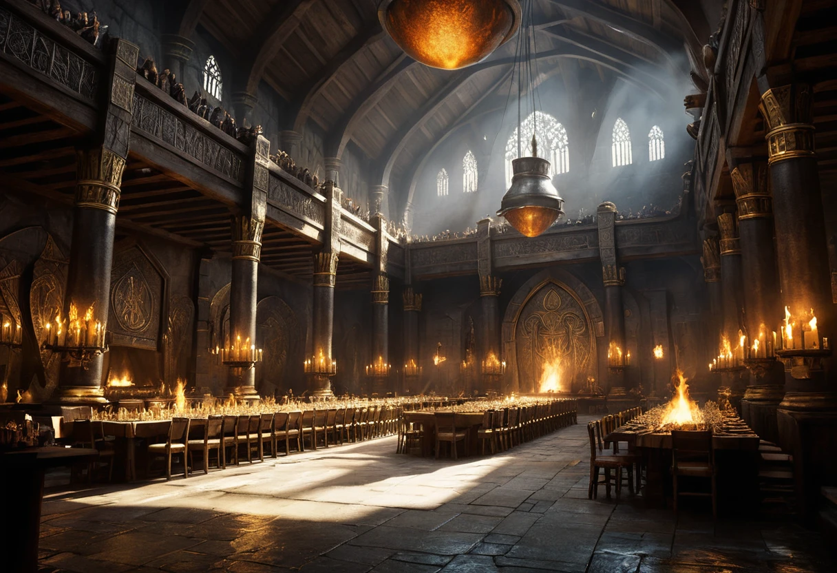 Heroic warriors feasting in a blazing mythic Valhalla hall