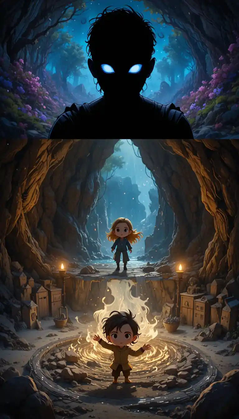 Child standing at the edge of a dark mysterious well
